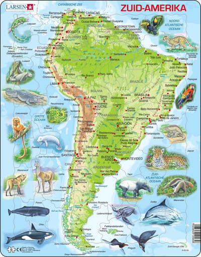 Larsen Zuid-Amerika geografisch met dieren – Puzzel – Kaarten & Geografie – Zuid-Amerika – Educatieve legpuzzel voor kinderen – 65 stukjes – Gemaakt in Noorwegen – Extra dikke 2,5 mm stukjes – Tray met vaste rand