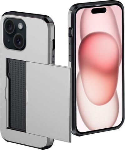 Hoes Geschikt voor iPhone 15 Hoesje Pasjeshouder Hard Cover Shock Proof Hard Case Hoes Met Kaarthouder - Grijs