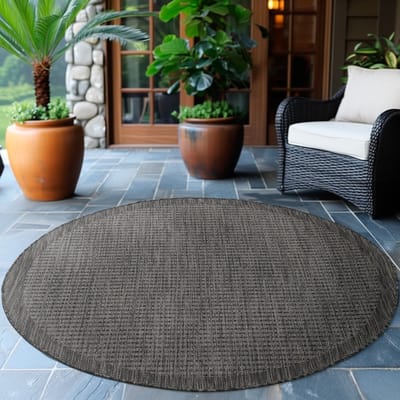 Flycarpets Riza Rond Binnen & Buitenkleed Zwart - Laagpolig Tuintapijt - Kader Motief - 120 cm