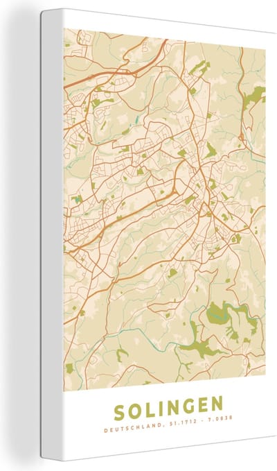 Canvas Schilderij Plattegrond - Solingen - Vintage - Stadskaart - Kaart - 20x30 cm - Wanddecoratie