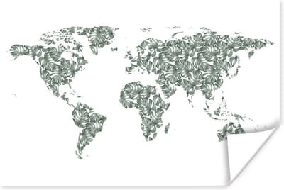 Poster 30x20 cm - Wereldkaart - Tropische Planten - Wit - Posters - Kamer decoratie - Wanddecoratie woonkamer - Muurdecoratie slaapkamer