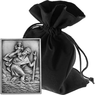 Rechthoekige Heilige Christoffel Plaque 3,5x2,5 cm - Metalen Beschermengel met Magneet en Kleefpad - Gezegend Religieus Symbool voor Auto Camper en Reizen