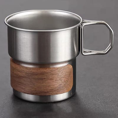 VHV - Campingbeker - RVS mok - Outdoor drinkbeker - 304 Roestvrij staal - Met houten hoes - Opvouwbaar handvat - Voor kamperen en wandelen - 330ml - 6.5*8*8.5cm - Zilver