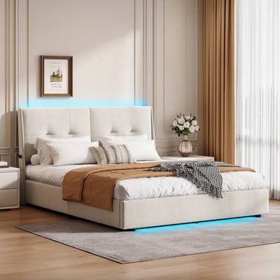 Opbergbed 160x200 met LED – Fluwelen Bedframe met Zacht Hoofdbord en Opbergvakken – Beige