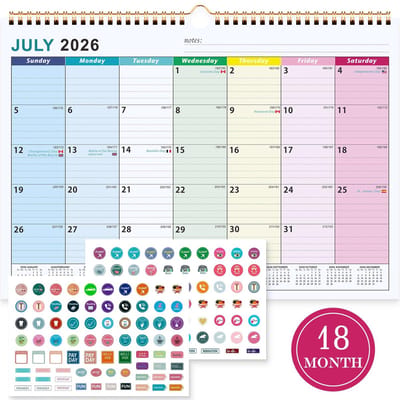 Inovra- Wandkalender 2026-2027 - Maandkalender A4 - 18 maanden - Feestdagenoverzicht - Plannerstickers - Spiraalgebonden met haak