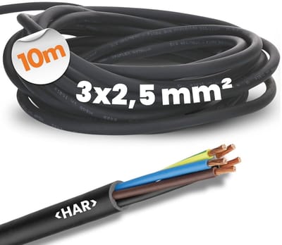 10 meter rubberen kabel 3x2,5mm² met beschermgeleider groen-geel voor buiten