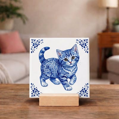 Delftsblauw Tegeltje 11x11 Kat – Cadeau voor Kattenliefhebber