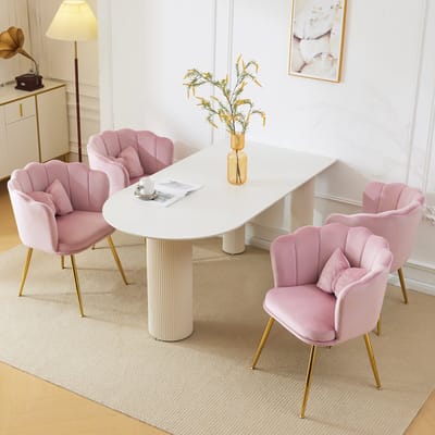 MODENUIT Eetkamerstoel – Bloemblad Rug – Set Van 4 Met Kussen En Metalen Poten – Voor Eetkamer – Fluweel Roze