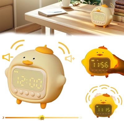 Digitale wekker - Digitale klok - TENZHVXI® - Met zacht nachtlampje in de vorm van een eendje - 2 alarmen - Oplaadbaar - Instelbare helderheid - Voor kinderen - Oplaadbare draagbare siliconenlamp voor slaapkamerdecoratie - Ggeel