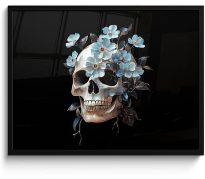 Poster in lijst - Fotolijst 80x60 cm - Posters - Schedel - Blauw - Bloemen - Bladeren - Posterlijst zwart - Decoratie - Wanddecoratie woonkamer - Muurdecoratie slaapkamer