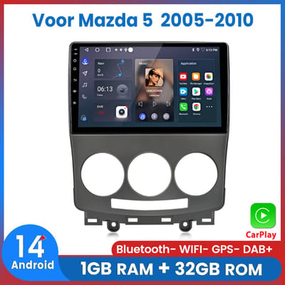 Awesafe Carplay Android 14 Autoradio - Geschikt Voor Mazda 5 2005 t/m 2010 - Draadloos Apple Carplay & Android Auto - 1GB + 32GB - 4 Core processor - Bluetooth & Wifi GPS Navigatie