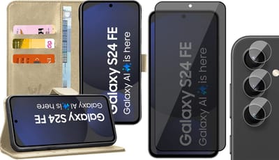 Hoesje geschikt voor Samsung Galaxy S24 FE - Privacy Screenprotector Volledig Dekkend Glas & Camera - Portemonnee Book Case Goud