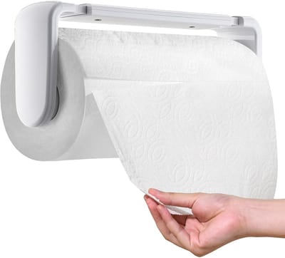 Famanu - Papieren Handdoekhouder Onder Kast Of Muurbevestiging Een Hand Bediening Spanningsarm Keukenrolhouder (Wit, voor rol van 18-23cm/7-9inches)