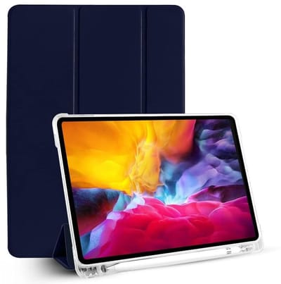 Hoes geschikt voor iPad 2021 hoes Donker Blauw - Tablet hoes iPad 9/8/7 10.2 inch (9e generatie 2021 / 8e generatie 2020 / 7e generatie 2019) - iPad Air 3 hoes Smart Case met Harde Doorzichtige Achterkant en Pencil Slot