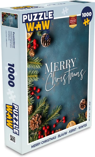 Puzzel Merry Christmas - Blauw - Kerst - Winter - Legpuzzel - Puzzel 1000 stukjes volwassenen - Kerst - Cadeau - Kerstcadeau voor mannen, vrouwen en kinderen