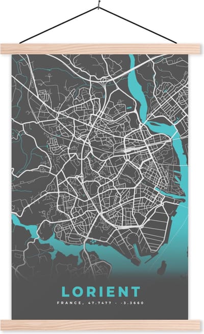 Posterhanger incl. Poster 40x60 cm - Schoolplaat - Stadskaart - Plattegrond - Kaart - Frankrijk - Lorient - Textielposter - Blanke latten - Stadskaart
