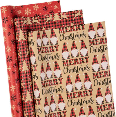 Allecto - Kerstcadeaupapierrollen - Cadeaupapier voor Kerst - Hoogwaardig kraftpapier - Rood en geruit - Kerstman en rendier - Geschikt voor elke g...