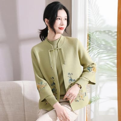 Dames lente en herfst schoonmoeder bruiloft banket kleding nieuwe Chinese moeder herfstkleding buitenlandse stijl gebreide tweedelige trui jas 3XL groen