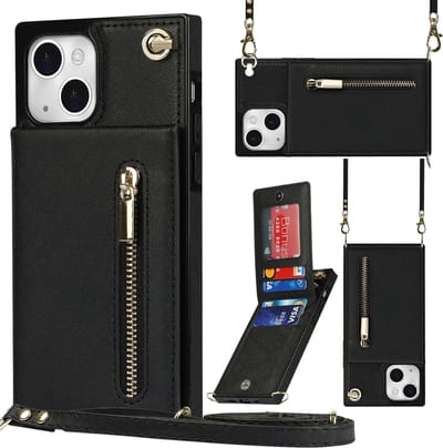 Geschikt Voor iPhone 14 Plus Hoesje Met Koord - Solidenz Portemonnee Hoes - Telefoonhoesje Met Koord 14 Plus - Wallet Case - Cover Hoes Met Koordje - Backcover Met Koord 14 Plus - Zwart