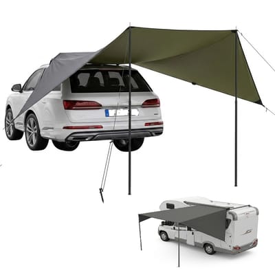 Auto Luifel Achterklep & Zijkant – 380x280 cm Universele Auto Tarp – Waterdicht & UV-bestendig Zonnescherm voor SUV, Camper & Bus – Multifunctionele Autotent met Steunpalen