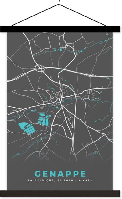Posterhanger incl. Poster 40x60 cm - Schoolplaat - België – Genappe – Stadskaart – Kaart – Blauw – Plattegrond - Textielposter - Zwarte latten - Stadskaart