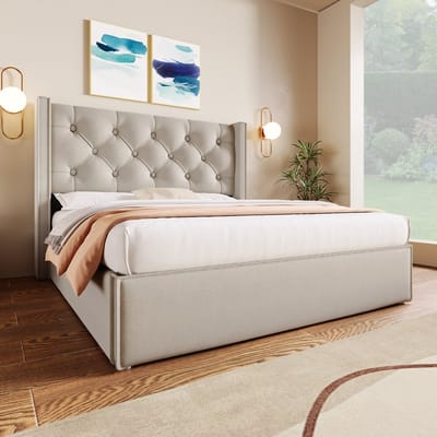 Wishdor – Gestoffeerd Bed 160x200 cm – Gewatteerd Hoofdbord & Hydraulische Opbergruimte – Retro Lichtgrijs Katoen – 300 kg