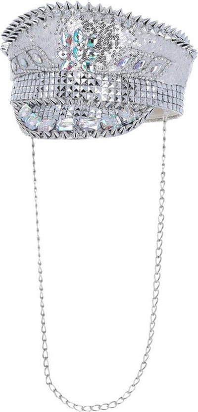 Fever - Deluxe Sequin Studded Captains Hat Kostuum Hoed - Zilverkleurig