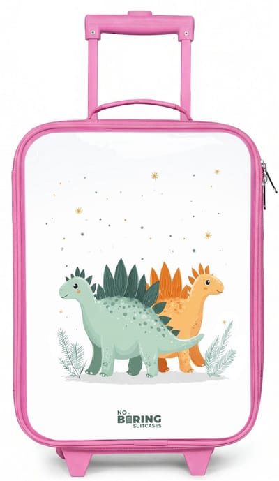 NoBoringSuitcases.com® - Kinderkoffer roze - Kindertrolley meisje - Stegosaurusduo onder sterrenregen - Koffer kind lichtgewicht - Reiskoffer trolley voor kinderen - Koffertje met lichtgevende wieltjes - Rolkoffer