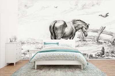 Behang - Fotobehang Staand paard bij kip met kuikens - schilderij van Jean Bernard - Breedte 435 cm x hoogte 260 cm