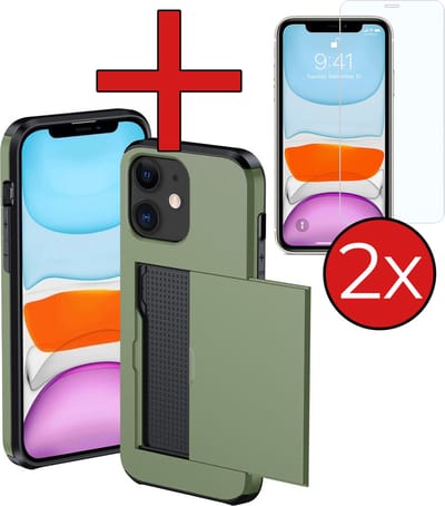 Hoesje Geschikt voor iPhone 11 Hoesje Met Pasjeshouder Hard Case Met Kaarthouder Met 2x Screenprotector - Hoes Geschikt voor iPhone 11 Hoesje Pashouder Case - Donkergroen
