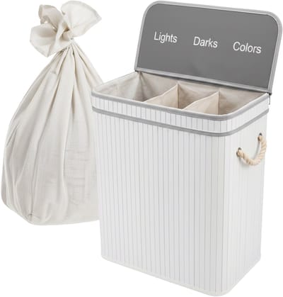 Wasmand 3 vakken - 105 l - opvouwbaar - bamboe - wit