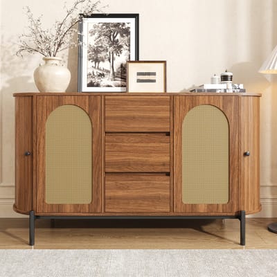 VVBV Ladekast Dressoir met Lades, Deuren - Schuifdeuren, Open Vakken, Opbergruimte, Rotanlook, Verstelbaar - Hout/Metaal