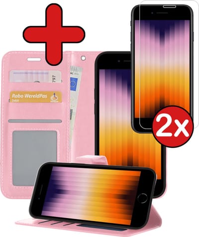 Hoesje - Met 2x Screenprotector - Geschikt voor Apple iPhone SE (2022) - Luxe Pasjeshouder - Flip Case - Bookcase Portemonee - Kunstleer Book Case - Flipcase Hoes - Book Cover - Walletcase - Portemonneehoes - Telefoonhoes - Lichtroze