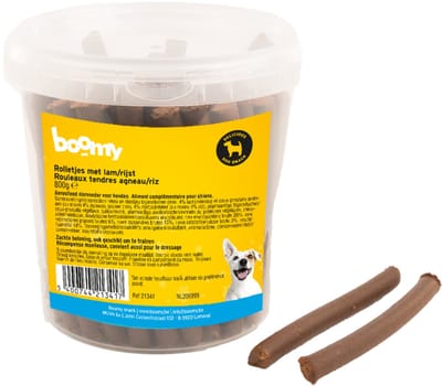 Boomy - Hondensnacks - Zachte hondensnoepjes - Hondenkoekjes in hersluitbare emmer - Rolletjes met lam - 800g