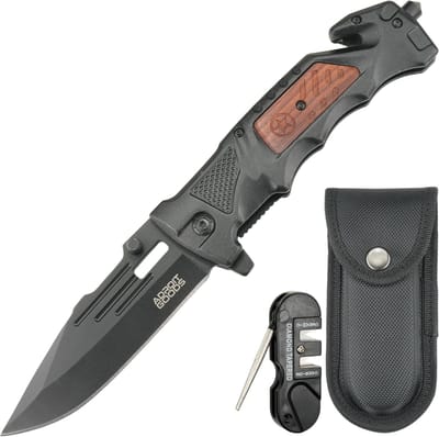 AdroitGoods Tactisch RVS zakmes met aluminium en rood hout, incl. hoes en slijptool - Opvouwbaar Zakmes – 19 cm Outdoor Vouwmes met 3.5 mm Dikke 3Cr13 RVS Snede, Aluminium + Rood Sandelhout Handgreep