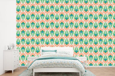 Behang - Fotobehang Retro - Bloemen - Design - Groen - Oranje - Breedte 360 cm x hoogte 240 cm