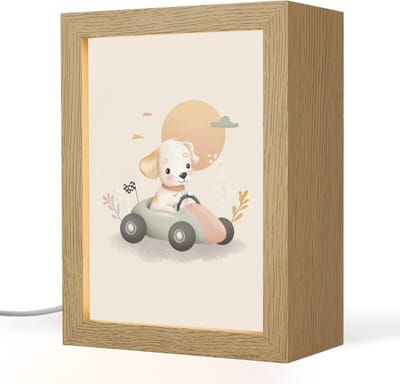 Nachtlampje 15x20 cm - Kinder lampje - Puppy - Raceauto - Oranje - Tafellamp kinderkamer - Slaapkamer lamp - Bedlamp kinderen - Kinderlampje stopcontact - Wandlamp babykamer - Nachtlampjes