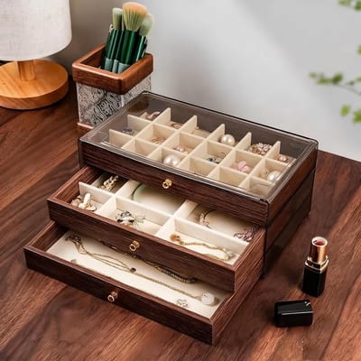 Oneay Sieradendoos met Deksel – Houten Sieraden Opbergdoos 3 Laags met Acryl – Organizer voor Ringen, Oorbellen, Kettingen & Armbanden – Walnoot Vintage Juwelendoos