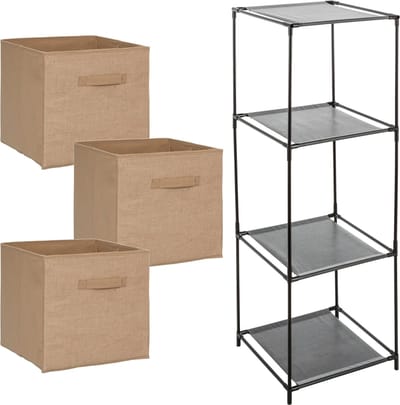 Kastmandjes/opberg manden - jute/naturel - 3x stuks van 29 Liter - In metalen rekje van 34 x 98 cm