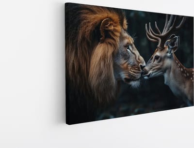 Saammp Canvas Schilderij - Hert met Leeuw - Natuur - Dieren - 45x30 - Foto op canvas - Wanddecoratie - Muurdecoratie Woonkamer - Slaapkamer decoratie - Canvas Print