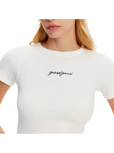 Guess Jeans Gj Sl Cn Embro Slim Rib T-shirt Met Korte Mouwen Beige XS Vrouw