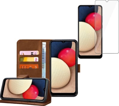 Hoesje geschikt voor Samsung Galaxy A02s - Screenprotector Glas - Book Case Portemonnee Hoesje Bruin