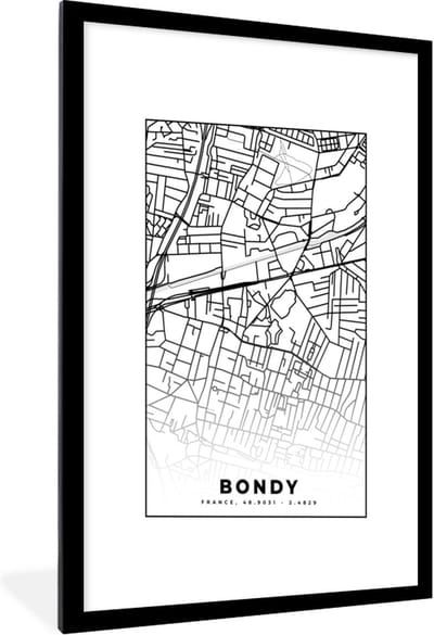 Fotolijst incl. Poster Zwart Wit- Kaart - Bondy - Stadskaart - Frankrijk - Plattegrond - Zwart wit - 60x90 cm - Posterlijst