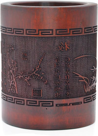 Vintage houten potloodhouder met Chinese stijl, pruimenbloesems, orchideeën en chrysanten