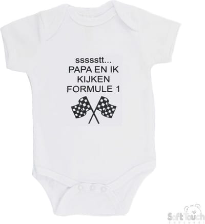 100% katoenen Romper "ssssstt Papa en ik kijken Formule 1" Unisex Katoen Wit/zwart Maat 56/62