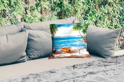 Buitenkussen - Schilderij - Olieverf - Strand - Palmboom - Boot - 45x45 cm - Weerbestendig