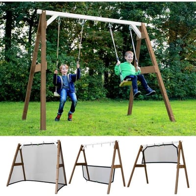 AXI 4-in-1 SportsFun in Bruin/Wit - 4-in-1 Frame voor schommel, voetbal, volleybal en tennis - Schommelframe met net voor diverse sporten - FSC hout