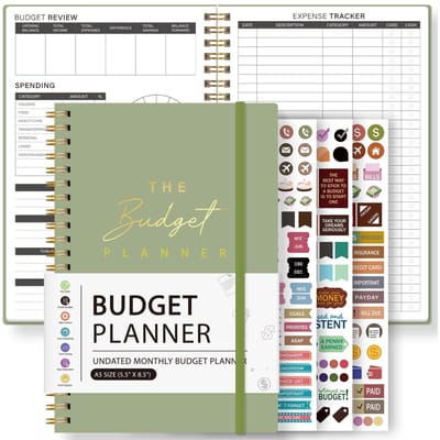A5 Saliegroen Budgetplanner Ongedateerd Maandelijkse Financiën Organizer Met Kosten Tracker Review Pagina's Stickers Spiraalgebonden groen