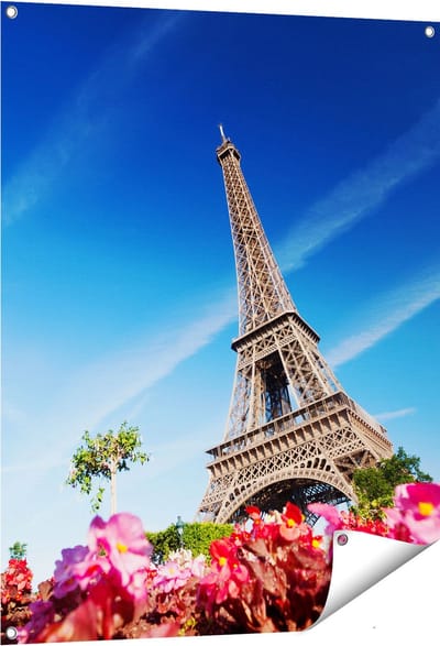Gards Tuinposter Eiffeltoren in Parijs met Bloemen - 80x100 cm - Tuindoek - Tuindecoratie - Wanddecoratie buiten - Tuinschilderij