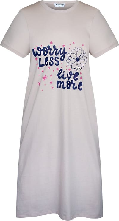Gaubert Essential Dames Nachthemd Korte Mouw - Premium Gekamd Katoen - Worry Less Live More - Greige - Maat S - GB-6817
